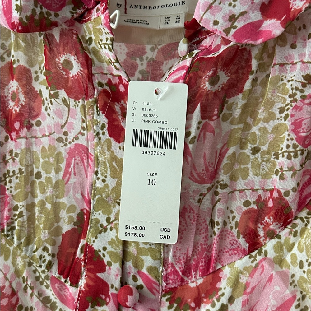 ANTHROPOLOGIE Pink Floral PUFF-SLEEVE RUCHED MESH MIDI SHIRT DRESS - Picture 5 of 11